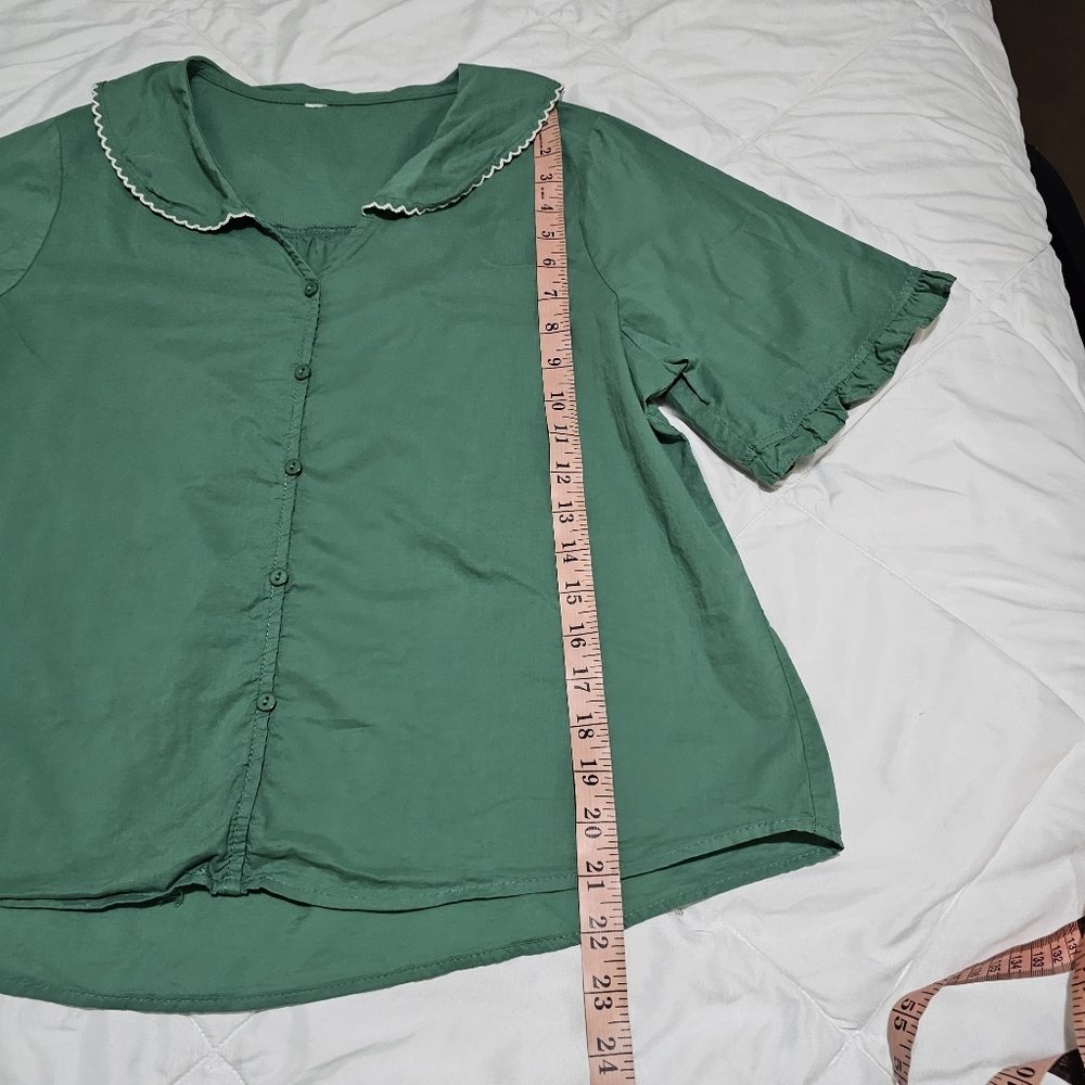 Vintage Green Blouse Short Sleeve Lightweight Romantic Peter Pan Collar - Picture 11 of 13